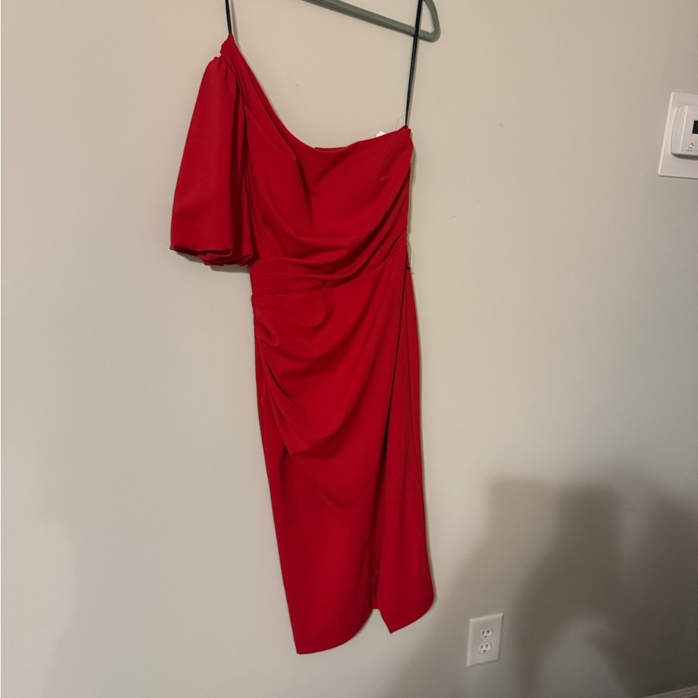 Betsy & Adam Red One-Shoulder Draped Cocktail Dress